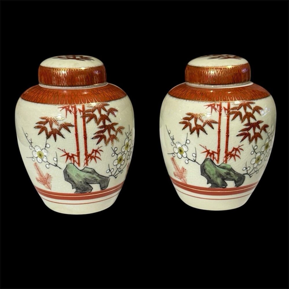 Vintage Japanese Crackle Glaze Ginger Jar Pair Hand Painted Bamboo Plum Blossom